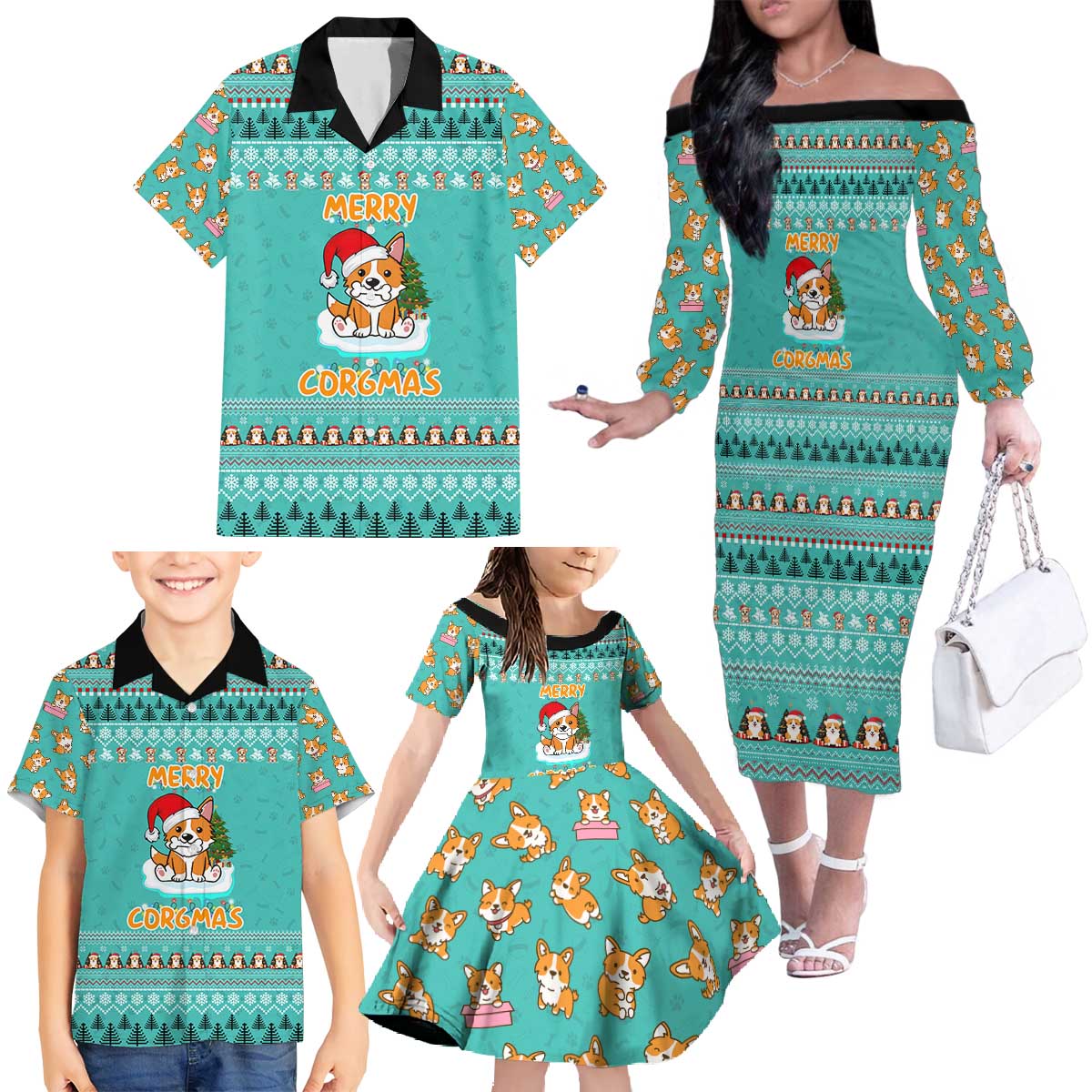 Funny Dog Merry Corgmas Christmas Family Matching Off The Shoulder Long Sleeve Dress and Hawaiian Shirt Xmas Holiday Patterns - Wonder Print Shop