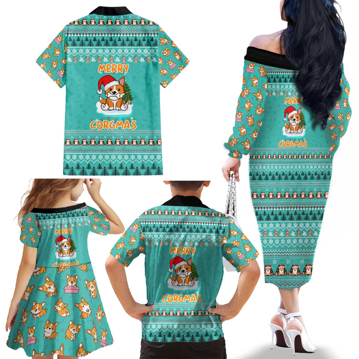 Funny Dog Merry Corgmas Christmas Family Matching Off The Shoulder Long Sleeve Dress and Hawaiian Shirt Xmas Holiday Patterns - Wonder Print Shop