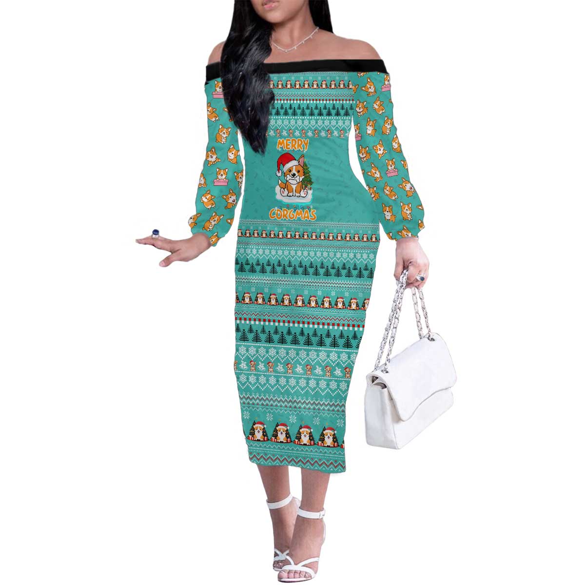 Funny Dog Merry Corgmas Christmas Family Matching Off The Shoulder Long Sleeve Dress and Hawaiian Shirt Xmas Holiday Patterns - Wonder Print Shop
