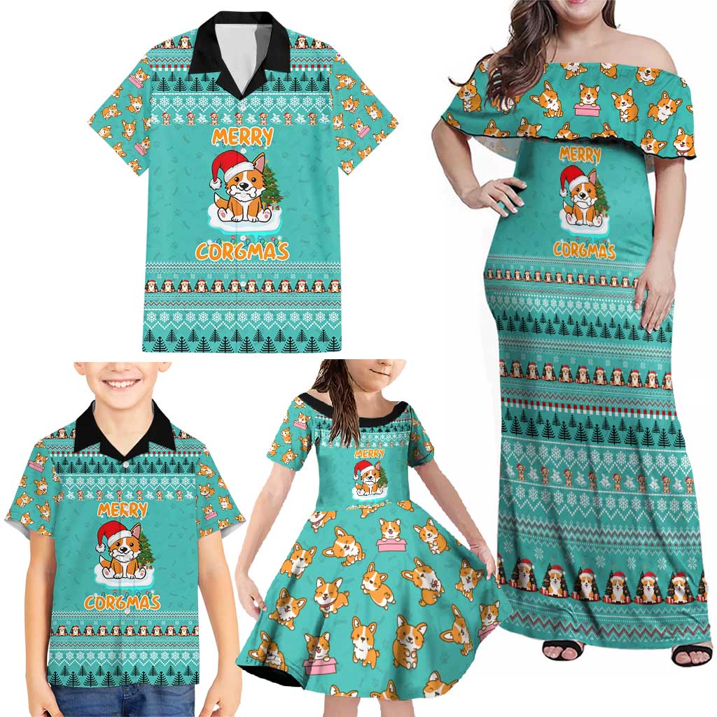 Funny Dog Merry Corgmas Christmas Family Matching Off Shoulder Maxi Dress and Hawaiian Shirt Xmas Holiday Patterns - Wonder Print Shop