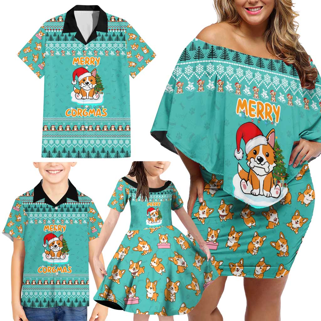 Funny Dog Merry Corgmas Christmas Family Matching Off Shoulder Short Dress and Hawaiian Shirt Xmas Holiday Patterns - Wonder Print Shop