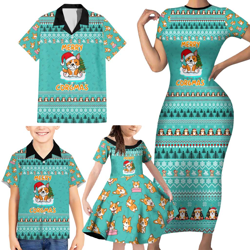 Funny Dog Merry Corgmas Christmas Family Matching Short Sleeve Bodycon Dress and Hawaiian Shirt Xmas Holiday Patterns - Wonder Print Shop