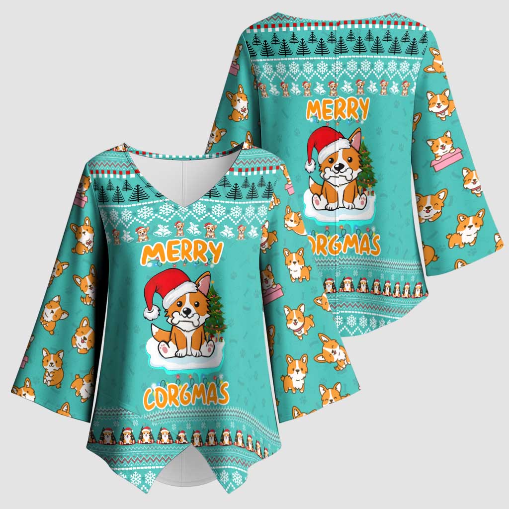 Funny Dog Merry Corgmas Christmas Kimono Sleeve Blouse Xmas Holiday Patterns - Wonder Print Shop