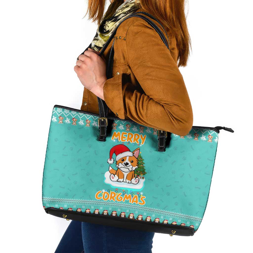 Funny Dog Merry Corgmas Christmas Leather Tote Bag Xmas Holiday Patterns - Wonder Print Shop