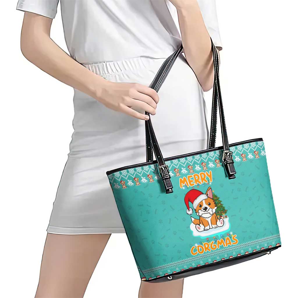 Funny Dog Merry Corgmas Christmas Leather Tote Bag Xmas Holiday Patterns - Wonder Print Shop