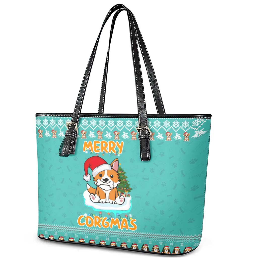 Funny Dog Merry Corgmas Christmas Leather Tote Bag Xmas Holiday Patterns - Wonder Print Shop