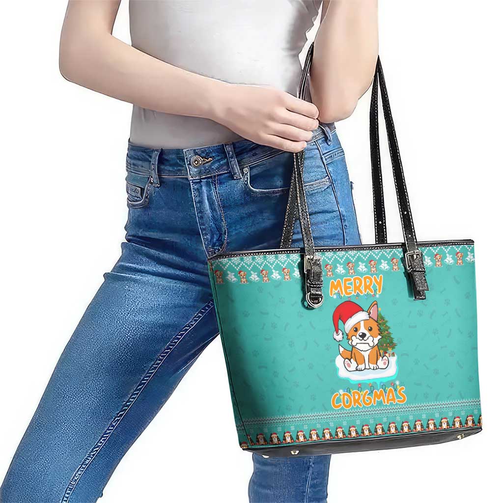 Funny Dog Merry Corgmas Christmas Leather Tote Bag Xmas Holiday Patterns - Wonder Print Shop