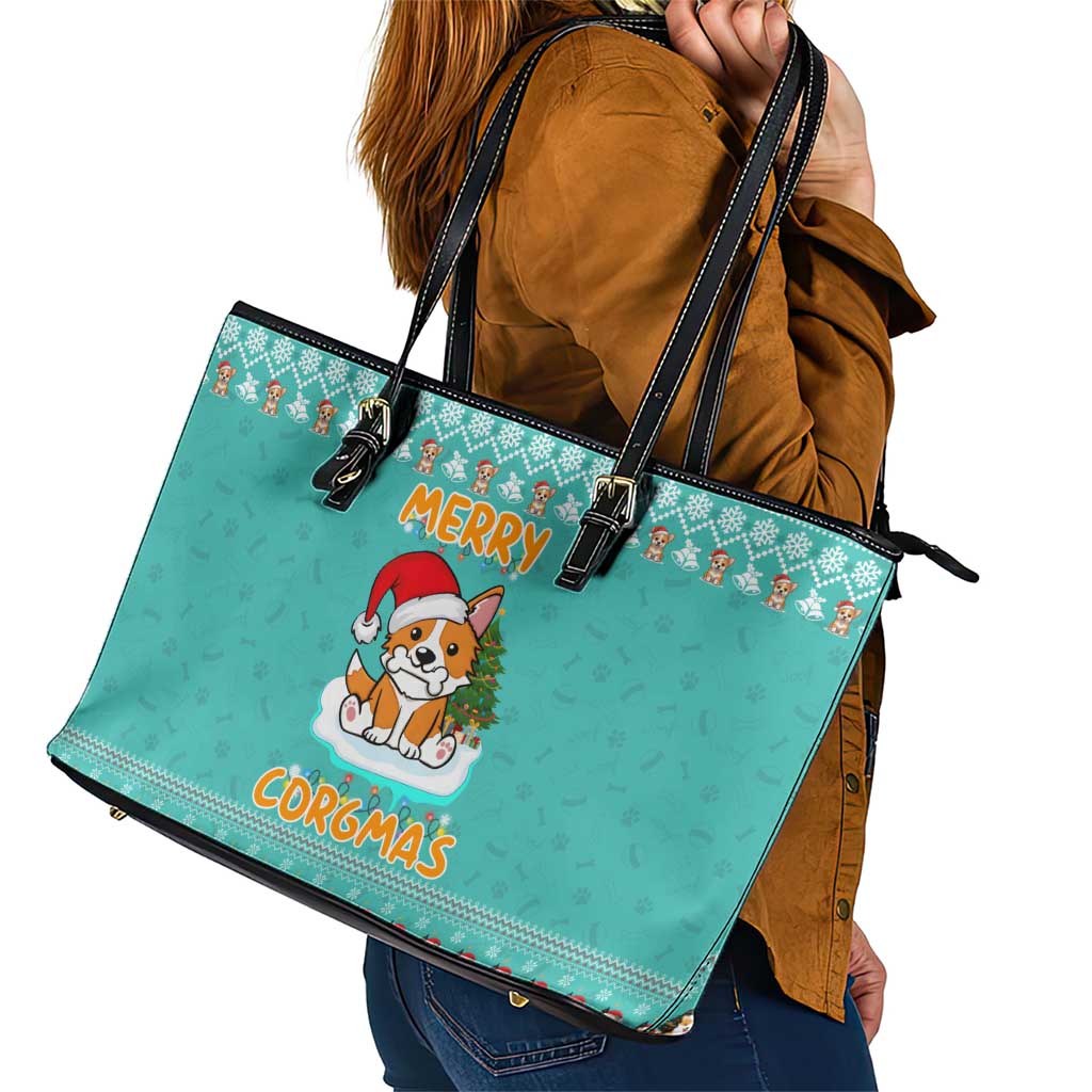 Funny Dog Merry Corgmas Christmas Leather Tote Bag Xmas Holiday Patterns - Wonder Print Shop