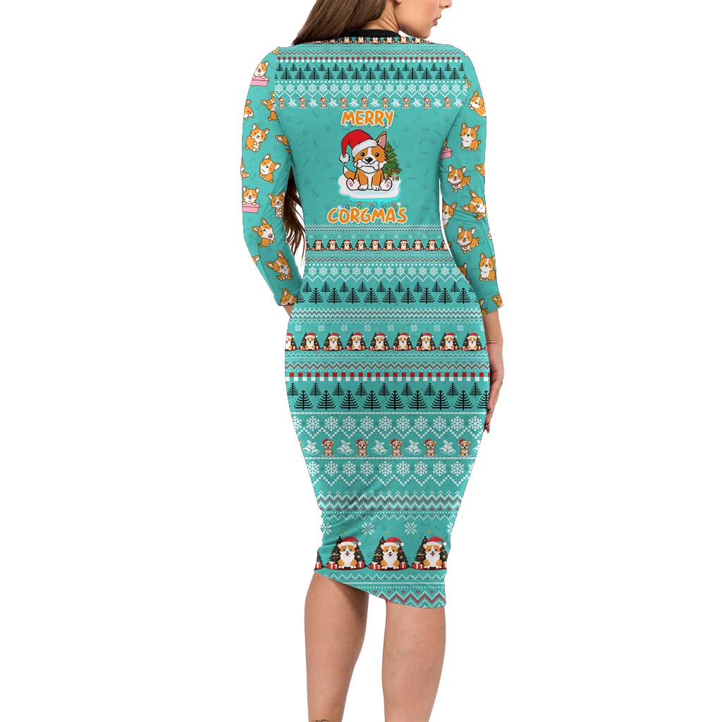 Funny Dog Merry Corgmas Christmas Long Sleeve Bodycon Dress Xmas Holiday Patterns - Wonder Print Shop