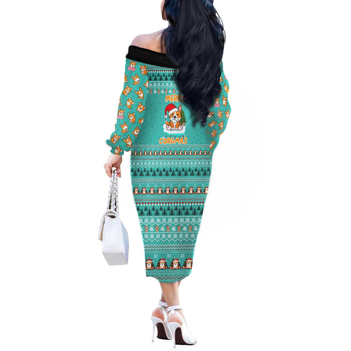 Funny Dog Merry Corgmas Christmas Off The Shoulder Long Sleeve Dress Xmas Holiday Patterns - Wonder Print Shop