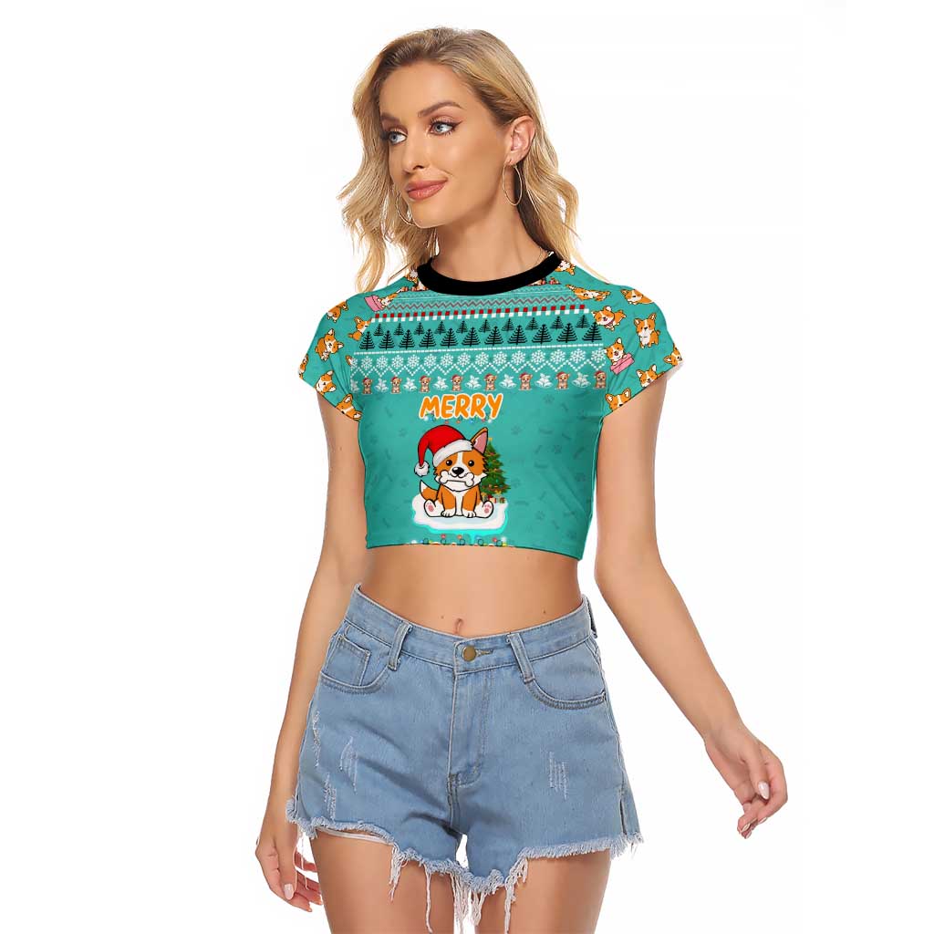 Funny Dog Merry Corgmas Christmas Raglan Cropped T Shirt Xmas Holiday Patterns - Wonder Print Shop