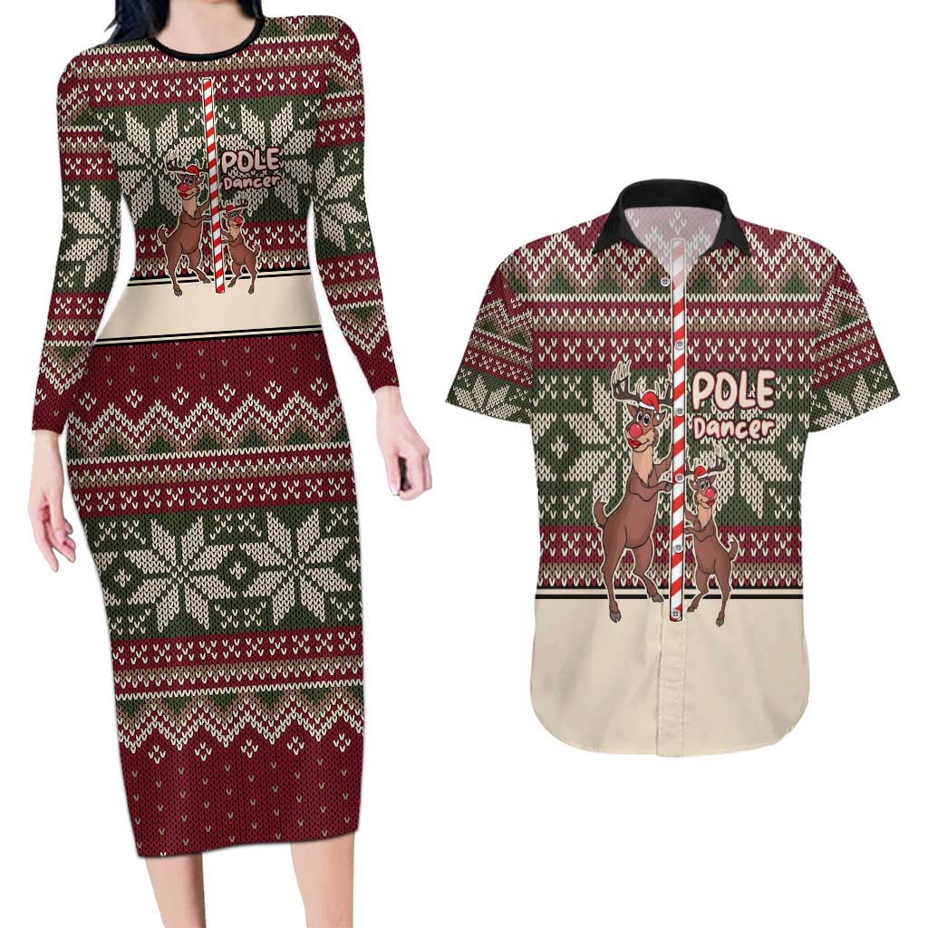 Funny Pole Dancer Reindeer Christmas Couples Matching Long Sleeve Bodycon Dress and Hawaiian Shirt Xmas Holiday Patterns - Wonder Print Shop