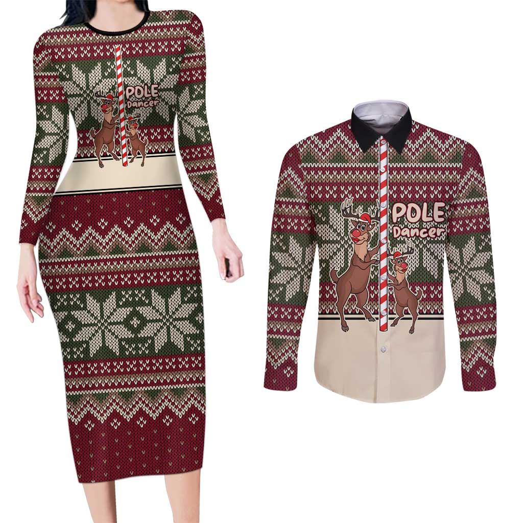 Funny Pole Dancer Reindeer Christmas Couples Matching Long Sleeve Bodycon Dress and Long Sleeve Button Shirt Xmas Holiday Patterns - Wonder Print Shop