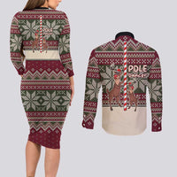 Funny Pole Dancer Reindeer Christmas Couples Matching Long Sleeve Bodycon Dress and Long Sleeve Button Shirt Xmas Holiday Patterns - Wonder Print Shop
