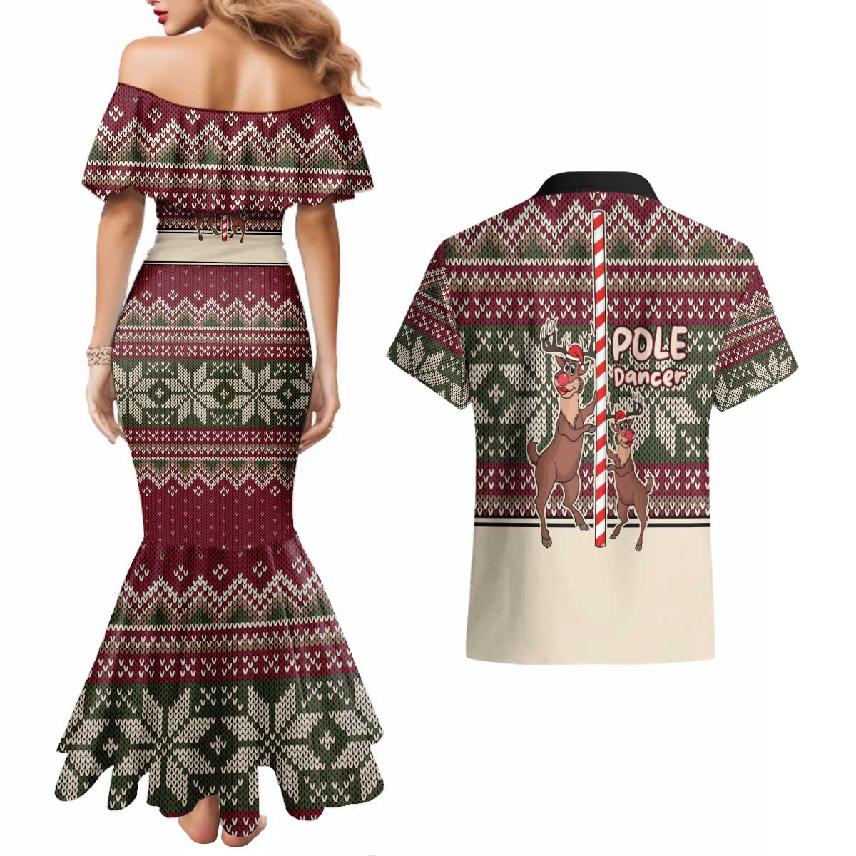 Funny Pole Dancer Reindeer Christmas Couples Matching Mermaid Dress and Hawaiian Shirt Xmas Holiday Patterns - Wonder Print Shop