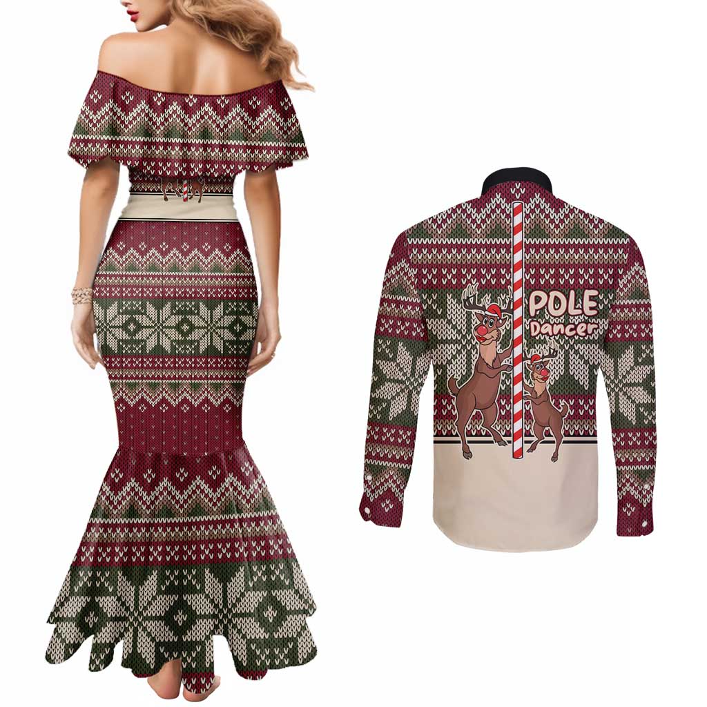 Funny Pole Dancer Reindeer Christmas Couples Matching Mermaid Dress and Long Sleeve Button Shirt Xmas Holiday Patterns - Wonder Print Shop
