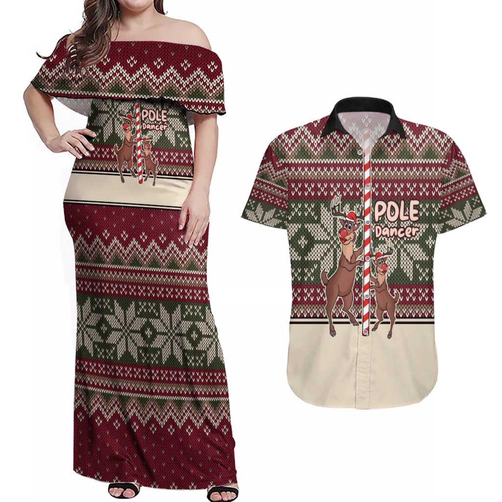 Funny Pole Dancer Reindeer Christmas Couples Matching Off Shoulder Maxi Dress and Hawaiian Shirt Xmas Holiday Patterns - Wonder Print Shop