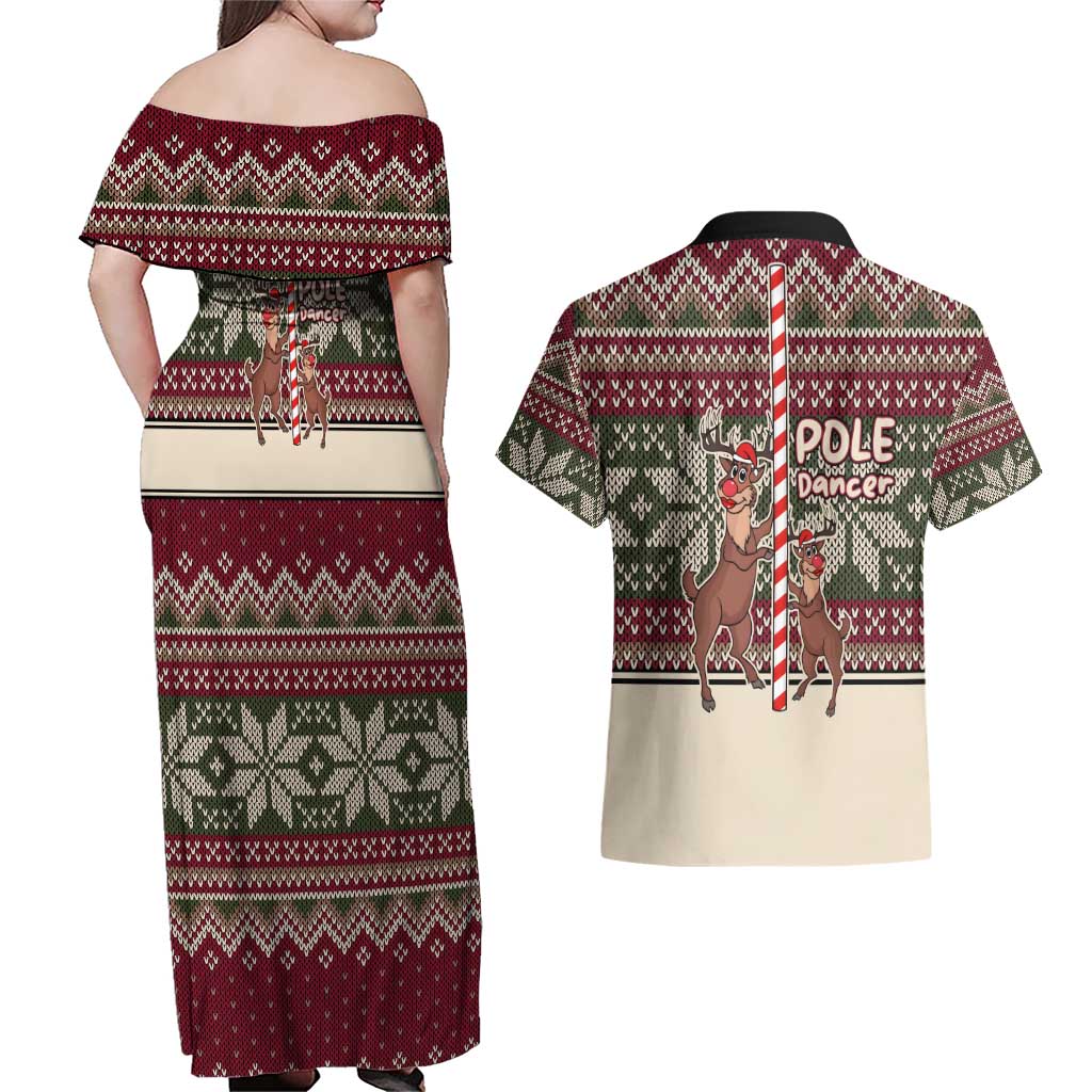 Funny Pole Dancer Reindeer Christmas Couples Matching Off Shoulder Maxi Dress and Hawaiian Shirt Xmas Holiday Patterns - Wonder Print Shop