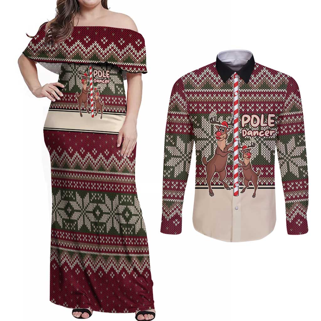 Funny Pole Dancer Reindeer Christmas Couples Matching Off Shoulder Maxi Dress and Long Sleeve Button Shirt Xmas Holiday Patterns - Wonder Print Shop