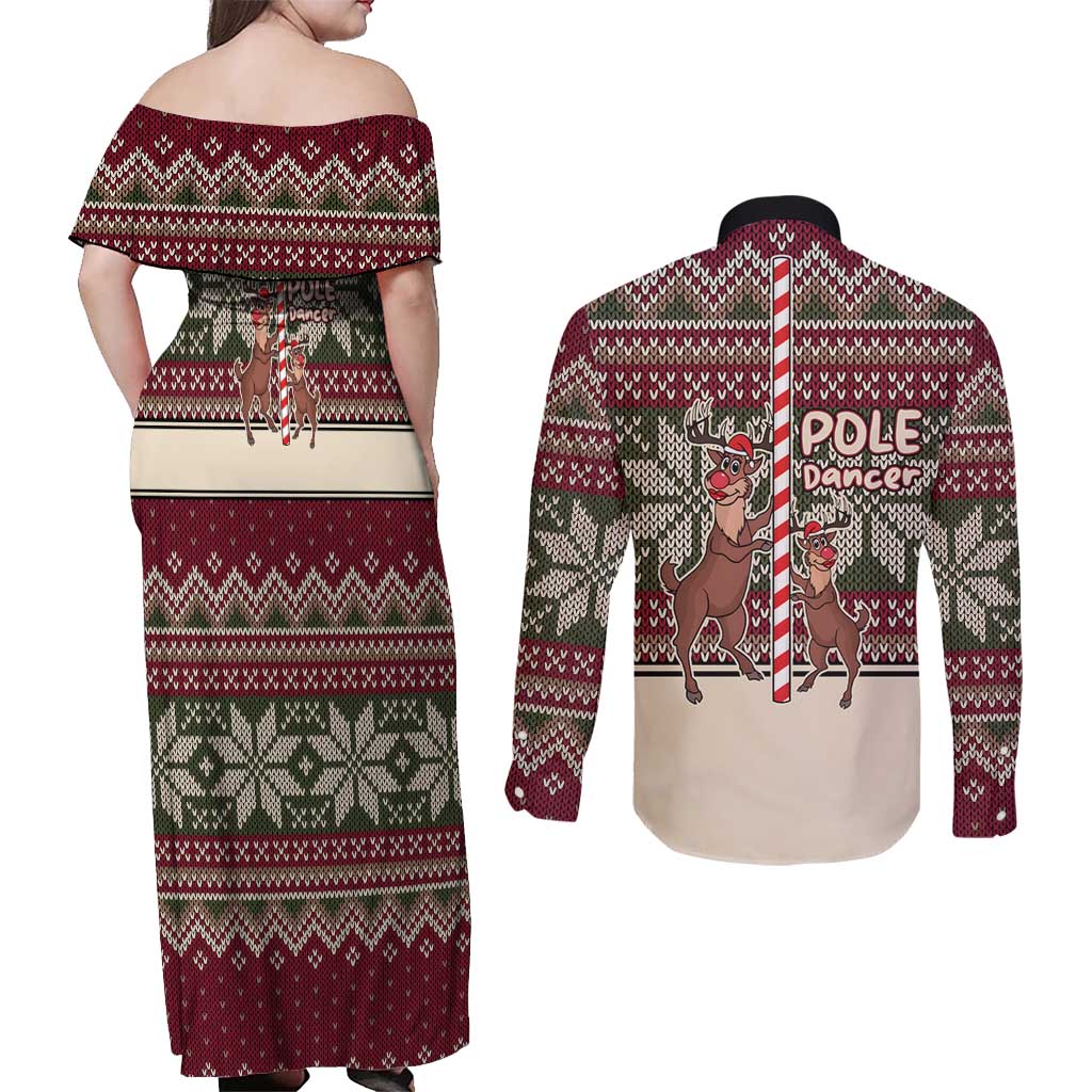 Funny Pole Dancer Reindeer Christmas Couples Matching Off Shoulder Maxi Dress and Long Sleeve Button Shirt Xmas Holiday Patterns - Wonder Print Shop