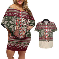 Funny Pole Dancer Reindeer Christmas Couples Matching Off Shoulder Short Dress and Hawaiian Shirt Xmas Holiday Patterns - Wonder Print Shop