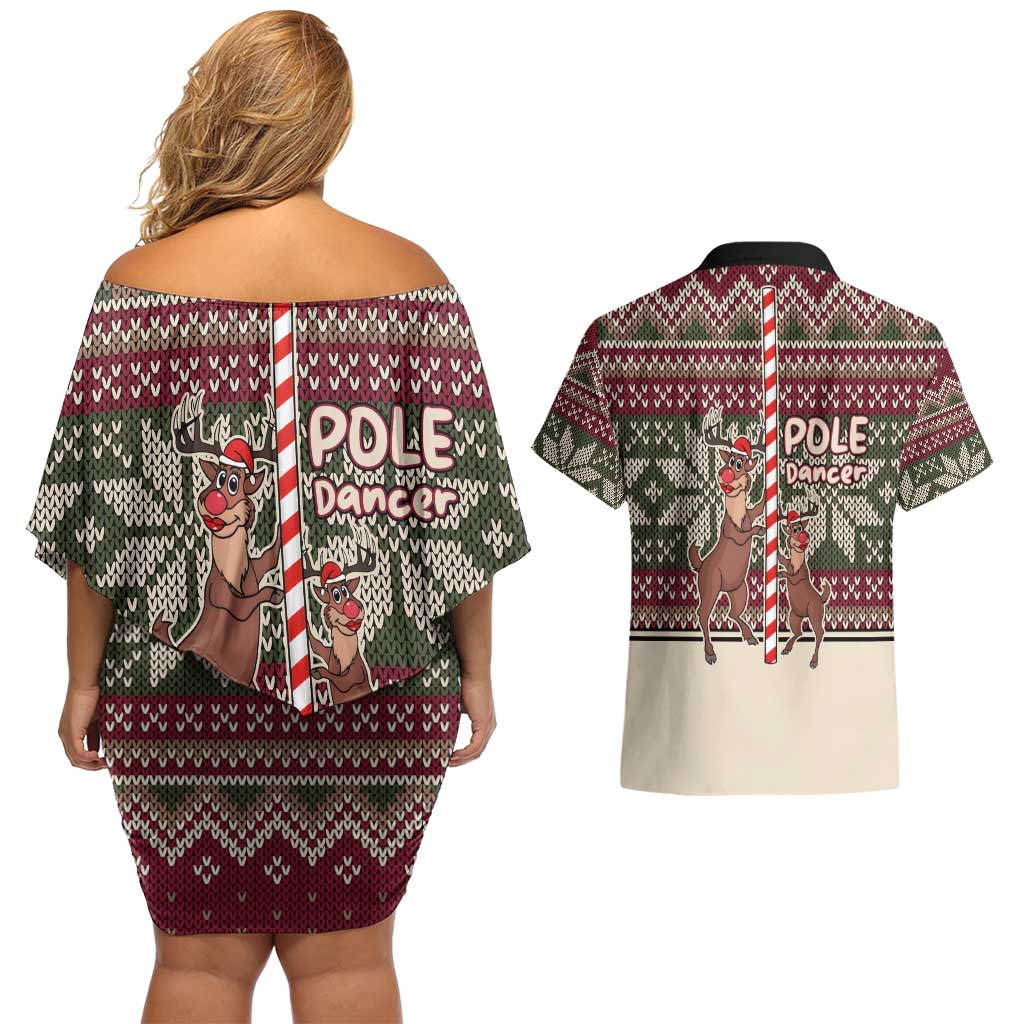 Funny Pole Dancer Reindeer Christmas Couples Matching Off Shoulder Short Dress and Hawaiian Shirt Xmas Holiday Patterns - Wonder Print Shop