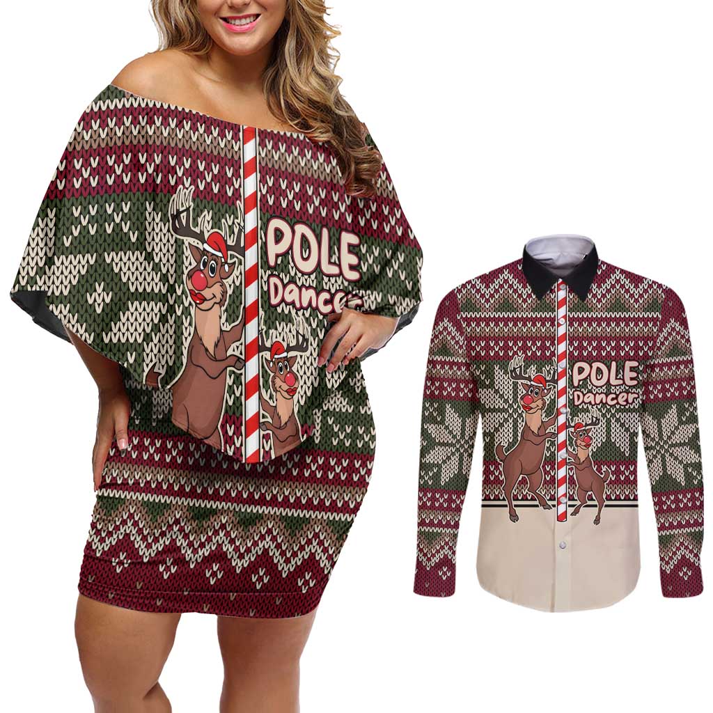 Funny Pole Dancer Reindeer Christmas Couples Matching Off Shoulder Short Dress and Long Sleeve Button Shirt Xmas Holiday Patterns - Wonder Print Shop