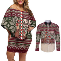 Funny Pole Dancer Reindeer Christmas Couples Matching Off Shoulder Short Dress and Long Sleeve Button Shirt Xmas Holiday Patterns - Wonder Print Shop