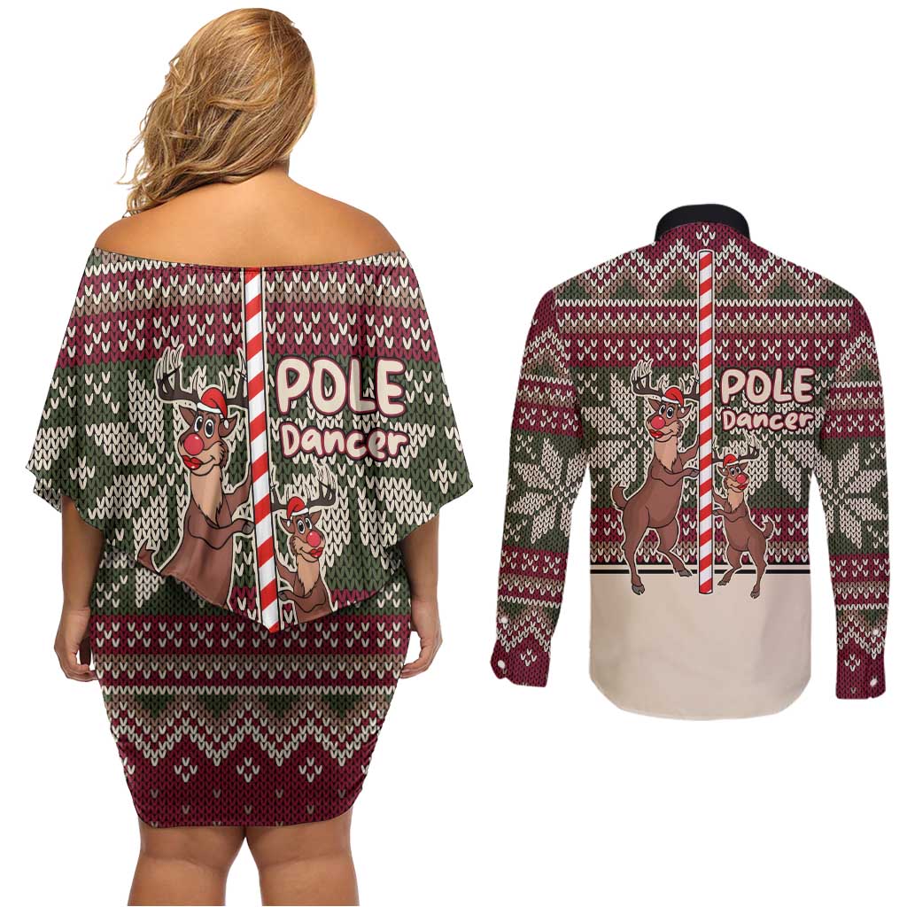 Funny Pole Dancer Reindeer Christmas Couples Matching Off Shoulder Short Dress and Long Sleeve Button Shirt Xmas Holiday Patterns - Wonder Print Shop