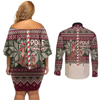 Funny Pole Dancer Reindeer Christmas Couples Matching Off Shoulder Short Dress and Long Sleeve Button Shirt Xmas Holiday Patterns - Wonder Print Shop