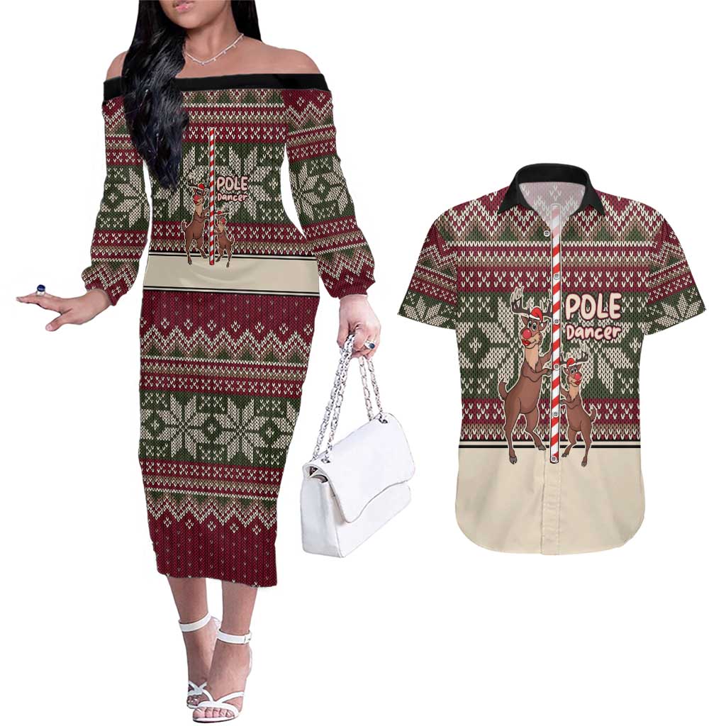 Funny Pole Dancer Reindeer Christmas Couples Matching Off The Shoulder Long Sleeve Dress and Hawaiian Shirt Xmas Holiday Patterns - Wonder Print Shop