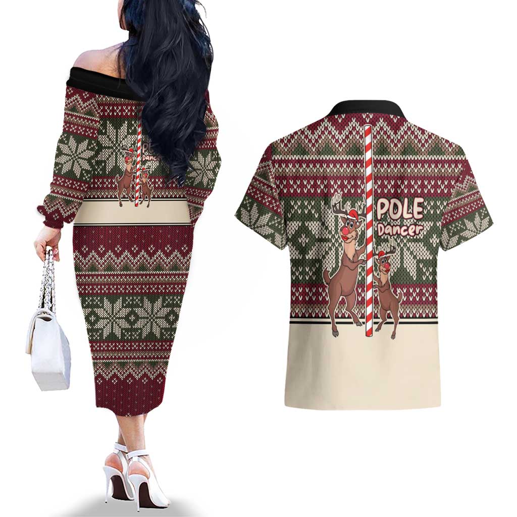 Funny Pole Dancer Reindeer Christmas Couples Matching Off The Shoulder Long Sleeve Dress and Hawaiian Shirt Xmas Holiday Patterns - Wonder Print Shop
