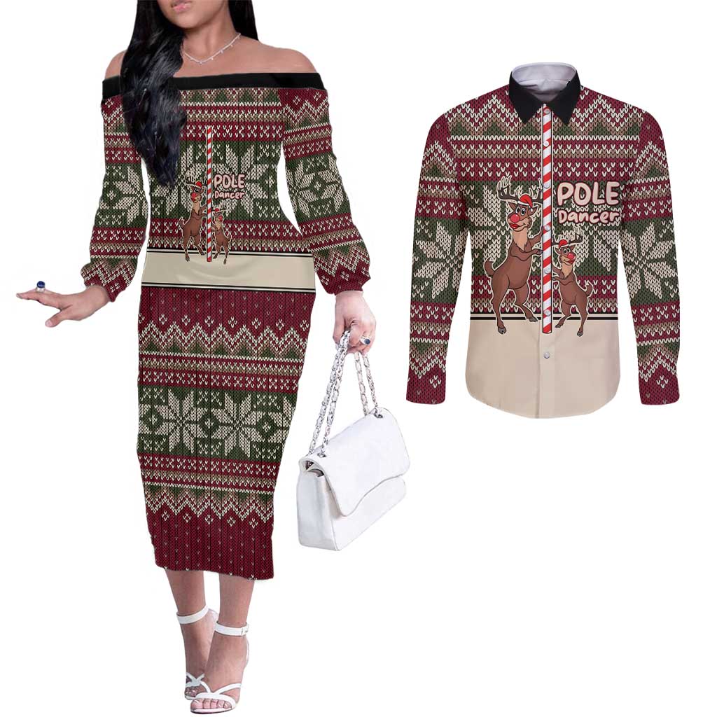 Funny Pole Dancer Reindeer Christmas Couples Matching Off The Shoulder Long Sleeve Dress and Long Sleeve Button Shirt Xmas Holiday Patterns - Wonder Print Shop
