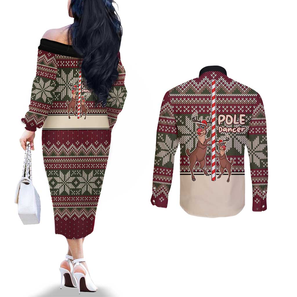 Funny Pole Dancer Reindeer Christmas Couples Matching Off The Shoulder Long Sleeve Dress and Long Sleeve Button Shirt Xmas Holiday Patterns - Wonder Print Shop