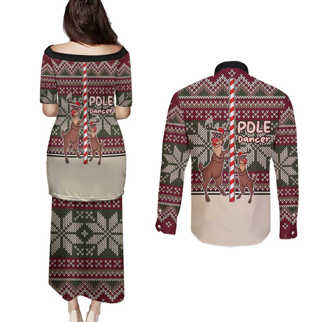 Funny Pole Dancer Reindeer Christmas Couples Matching Puletasi and Long Sleeve Button Shirt Xmas Holiday Patterns - Wonder Print Shop