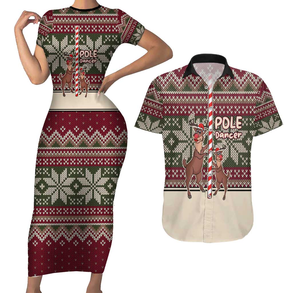 Funny Pole Dancer Reindeer Christmas Couples Matching Short Sleeve Bodycon Dress and Hawaiian Shirt Xmas Holiday Patterns - Wonder Print Shop