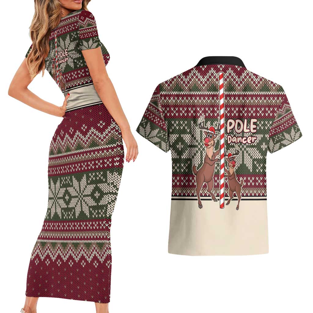 Funny Pole Dancer Reindeer Christmas Couples Matching Short Sleeve Bodycon Dress and Hawaiian Shirt Xmas Holiday Patterns - Wonder Print Shop