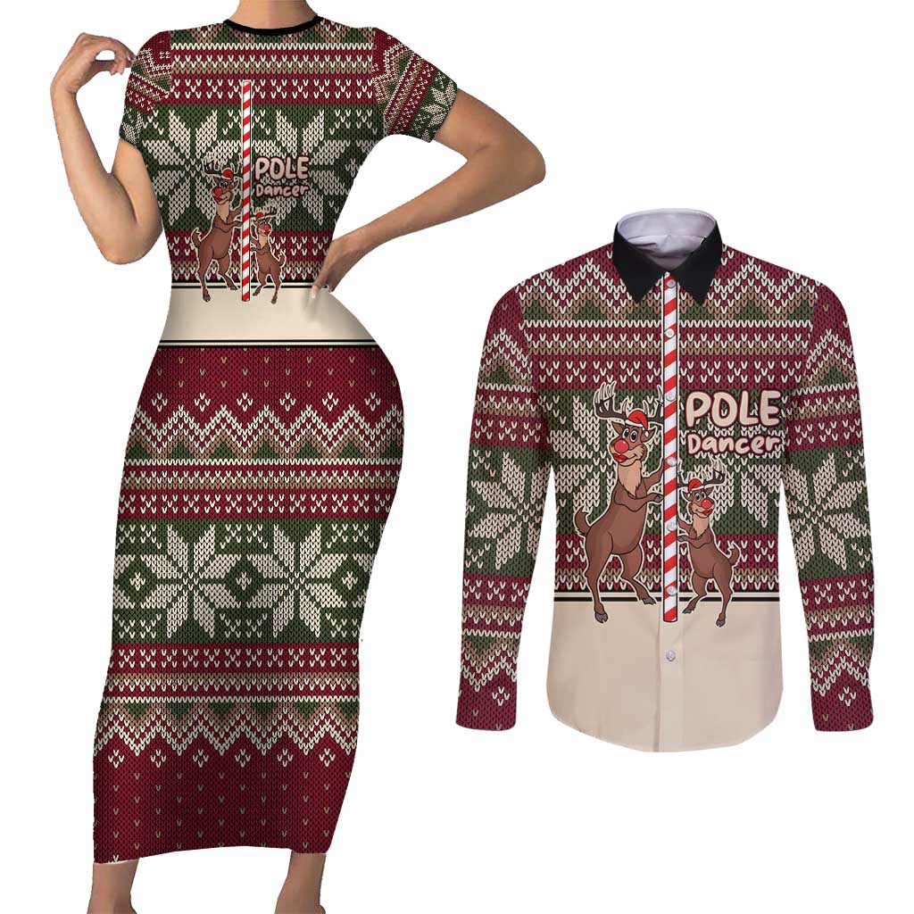 Funny Pole Dancer Reindeer Christmas Couples Matching Short Sleeve Bodycon Dress and Long Sleeve Button Shirt Xmas Holiday Patterns - Wonder Print Shop