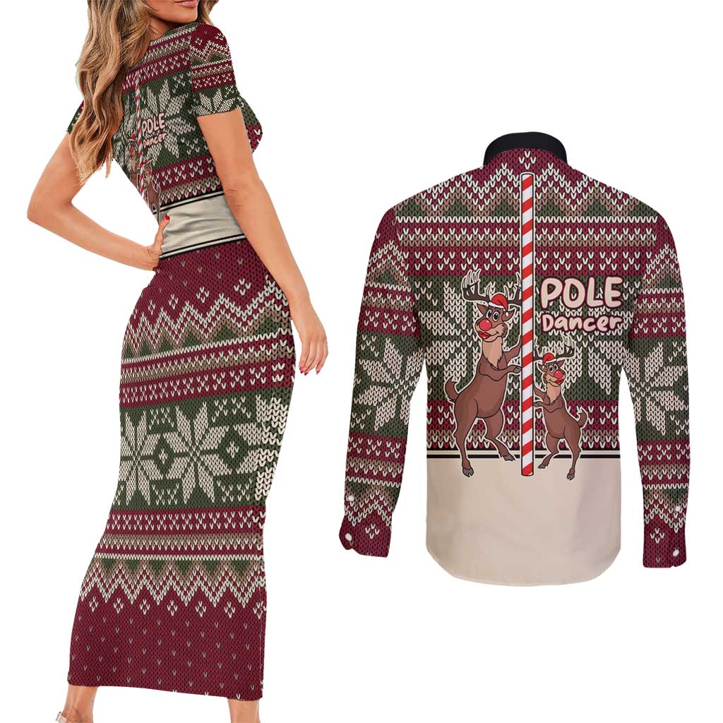 Funny Pole Dancer Reindeer Christmas Couples Matching Short Sleeve Bodycon Dress and Long Sleeve Button Shirt Xmas Holiday Patterns - Wonder Print Shop