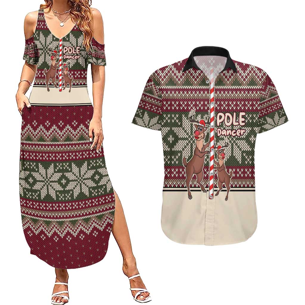 Funny Pole Dancer Reindeer Christmas Couples Matching Summer Maxi Dress and Hawaiian Shirt Xmas Holiday Patterns - Wonder Print Shop