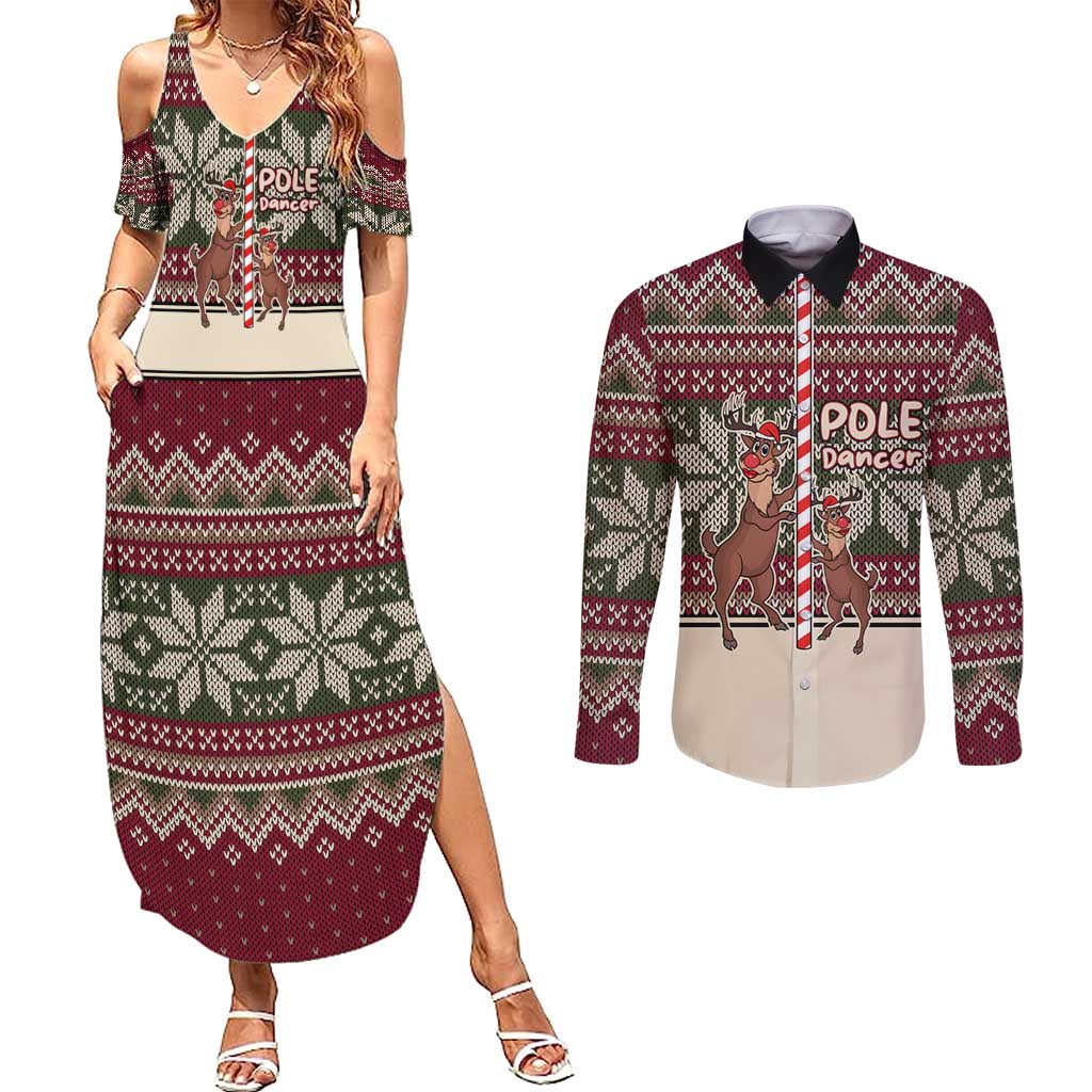 Funny Pole Dancer Reindeer Christmas Couples Matching Summer Maxi Dress and Long Sleeve Button Shirt Xmas Holiday Patterns - Wonder Print Shop