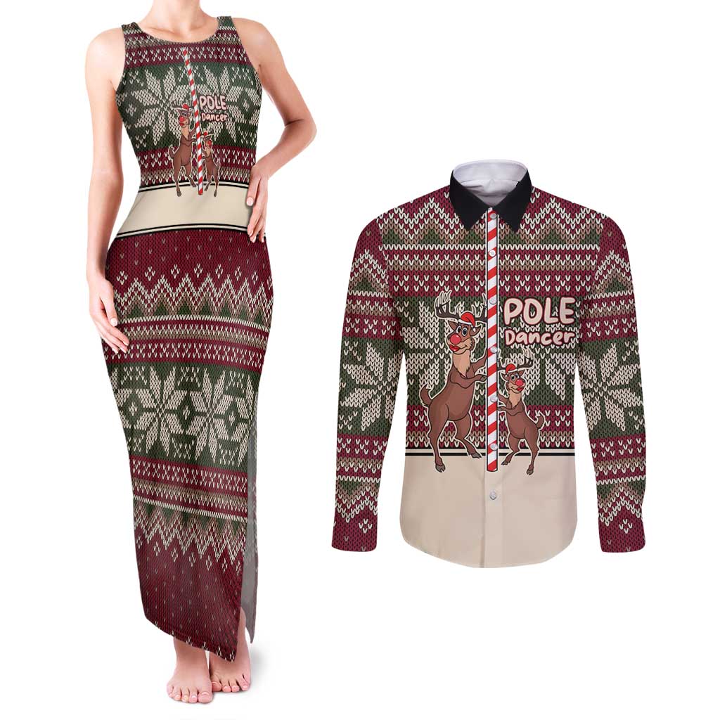 Funny Pole Dancer Reindeer Christmas Couples Matching Tank Maxi Dress and Long Sleeve Button Shirt Xmas Holiday Patterns - Wonder Print Shop