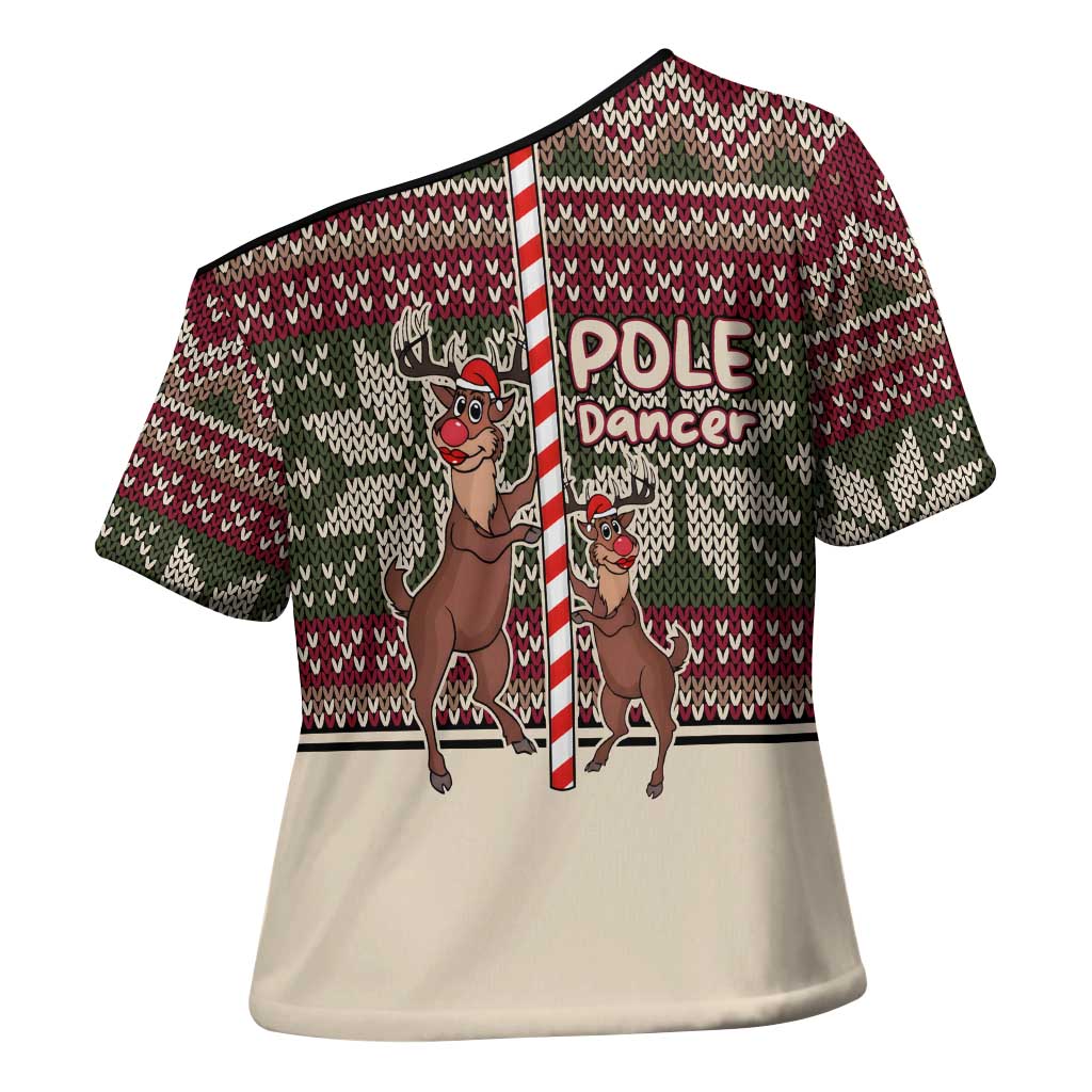 Funny Pole Dancer Reindeer Christmas Cross Shoulder Shirt Xmas Holiday Patterns - Wonder Print Shop