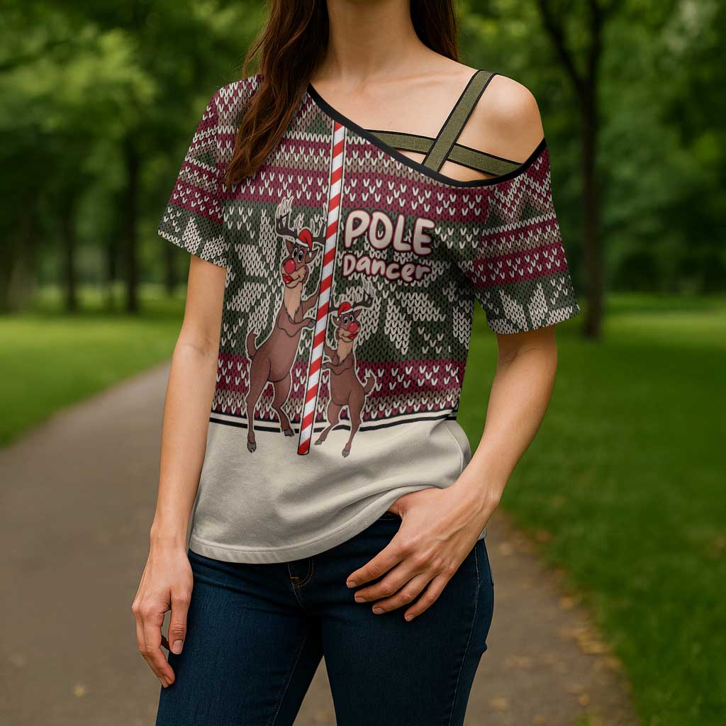 Funny Pole Dancer Reindeer Christmas Cross Shoulder Shirt Xmas Holiday Patterns - Wonder Print Shop
