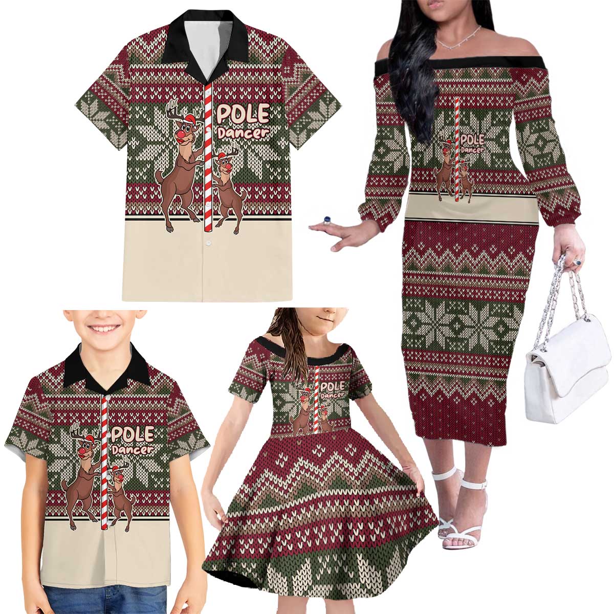 Funny Pole Dancer Reindeer Christmas Family Matching Off The Shoulder Long Sleeve Dress and Hawaiian Shirt Xmas Holiday Patterns - Wonder Print Shop
