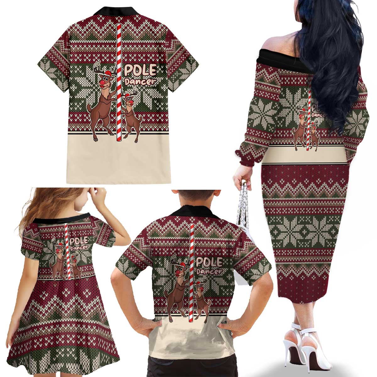 Funny Pole Dancer Reindeer Christmas Family Matching Off The Shoulder Long Sleeve Dress and Hawaiian Shirt Xmas Holiday Patterns - Wonder Print Shop