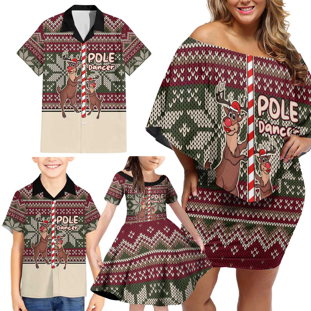 Funny Pole Dancer Reindeer Christmas Family Matching Off Shoulder Short Dress and Hawaiian Shirt Xmas Holiday Patterns - Wonder Print Shop