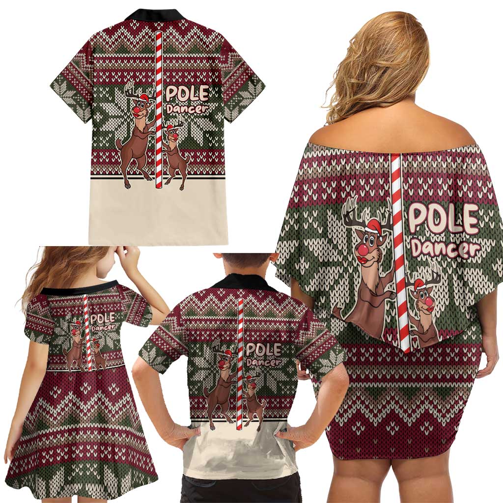 Funny Pole Dancer Reindeer Christmas Family Matching Off Shoulder Short Dress and Hawaiian Shirt Xmas Holiday Patterns - Wonder Print Shop
