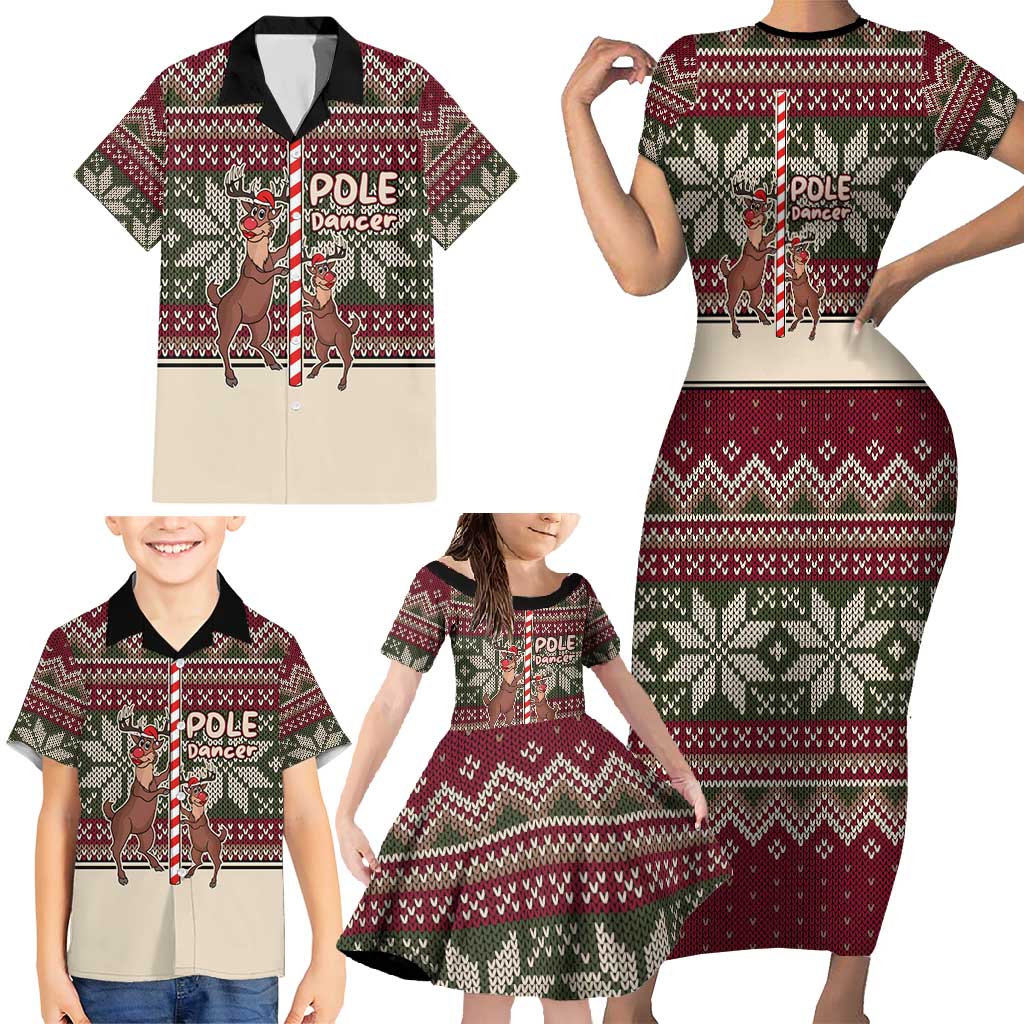 Funny Pole Dancer Reindeer Christmas Family Matching Short Sleeve Bodycon Dress and Hawaiian Shirt Xmas Holiday Patterns - Wonder Print Shop