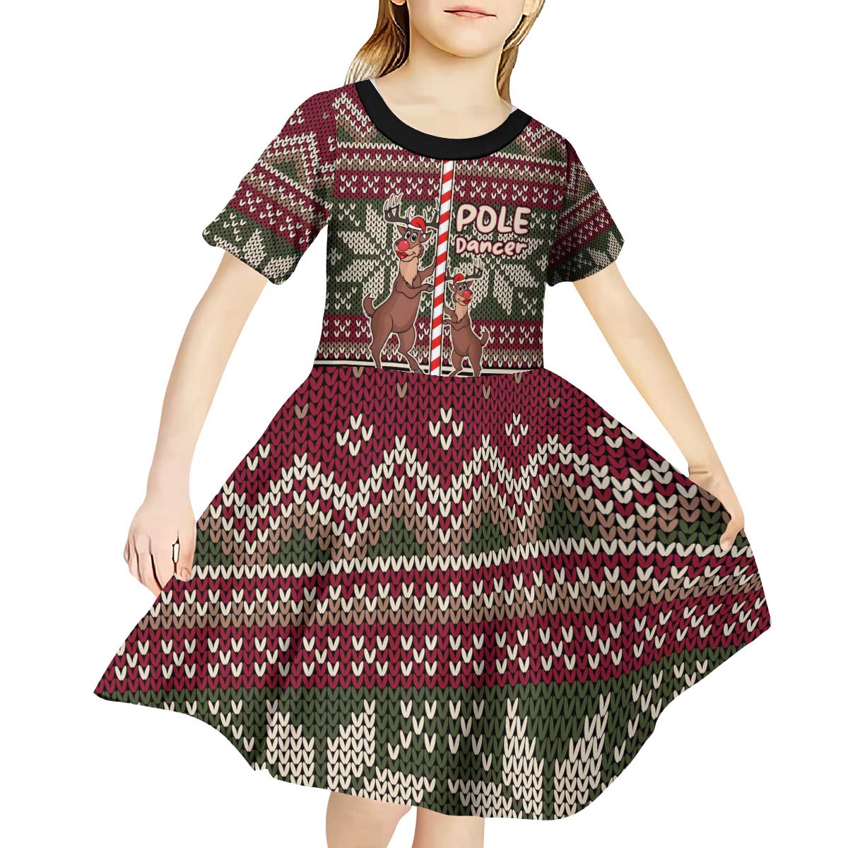 Funny Pole Dancer Reindeer Christmas Kid Short Sleeve Dress Xmas Holiday Patterns - Wonder Print Shop